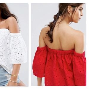 ASOS Off Shoulder Fluted Sleeves Broderie Eyelet